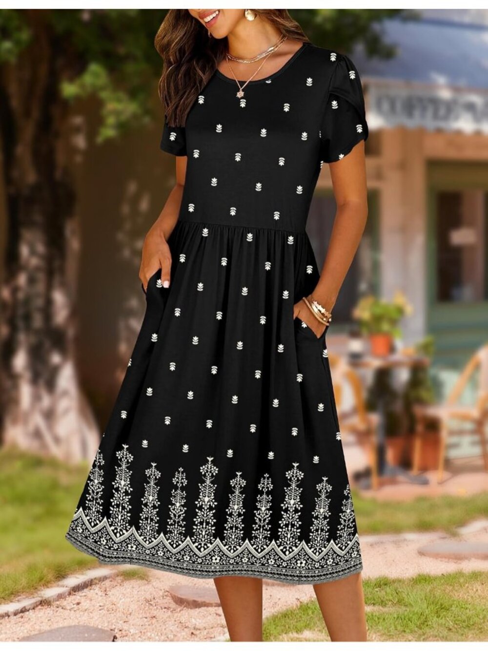 〽️Women's Black Floral Short Sleeve Midi Dress A Line Summer Dress with Pockets - Picture 2 of 6